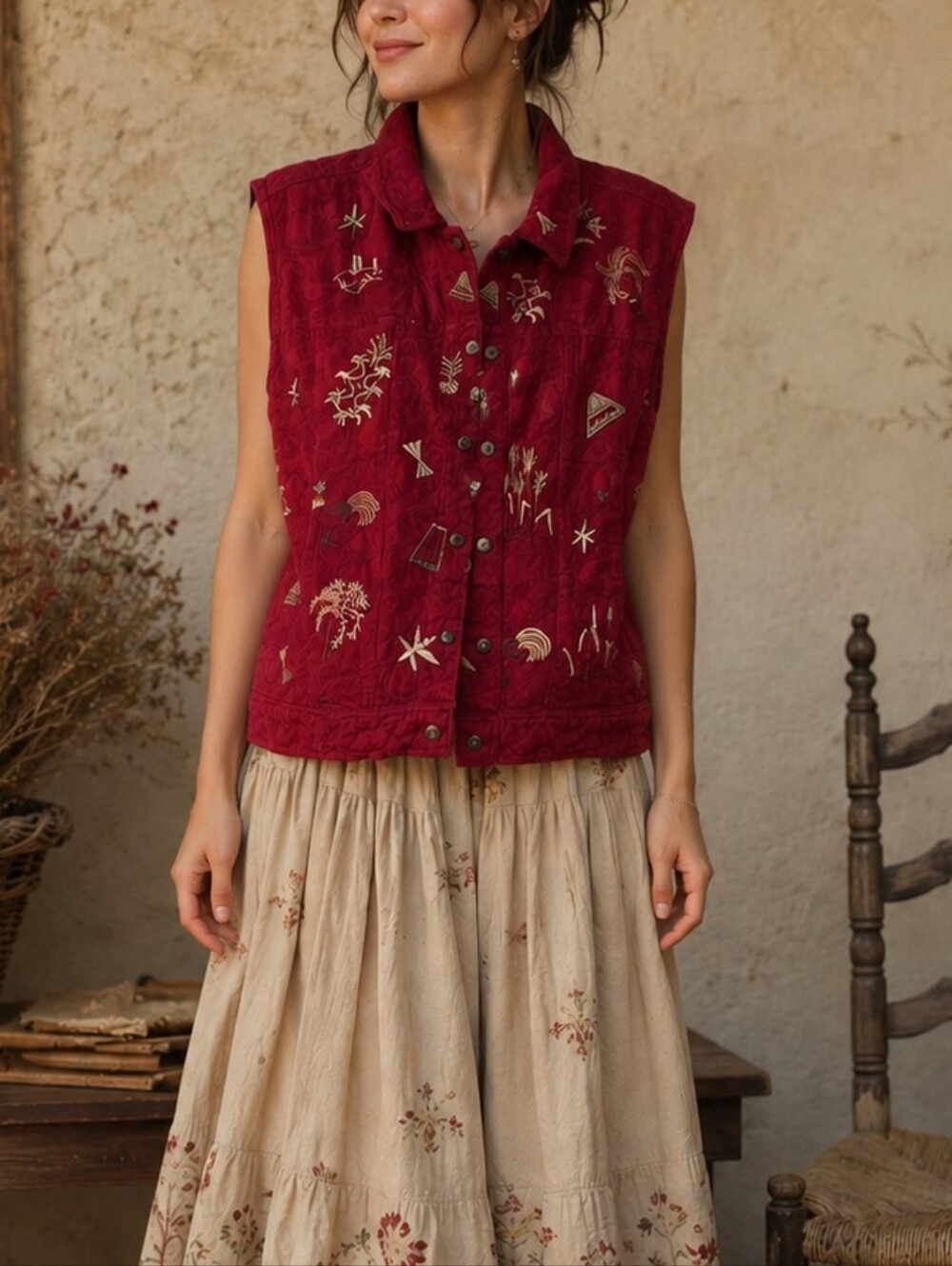 Vintage TanJay Embroidered Cotton Vest Jacket 16P Boho 90s